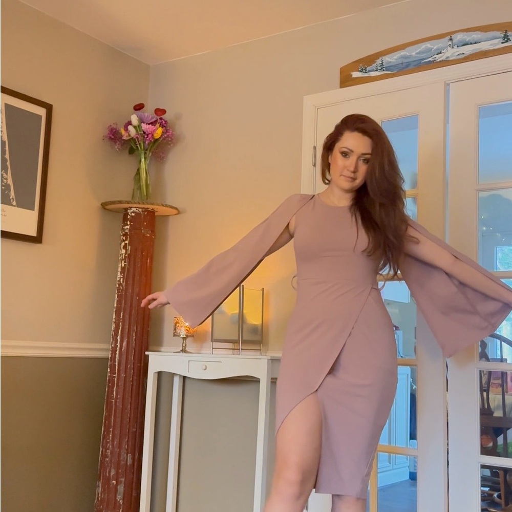 Sleeve Detail Mauve Wrap-Front Dress